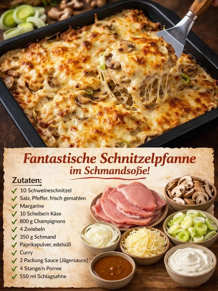 Schnitzelpfanne in cremiger Schmandsoße, serviert mit Beilagen