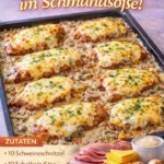 Schnitzelpfanne in cremiger Schmandsoße, serviert mit frischem Gemüse.