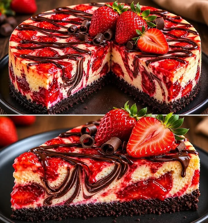 Schoko Erdbeer Käsekuchen mit Schokoladenglasur und frischen Erdbeeren