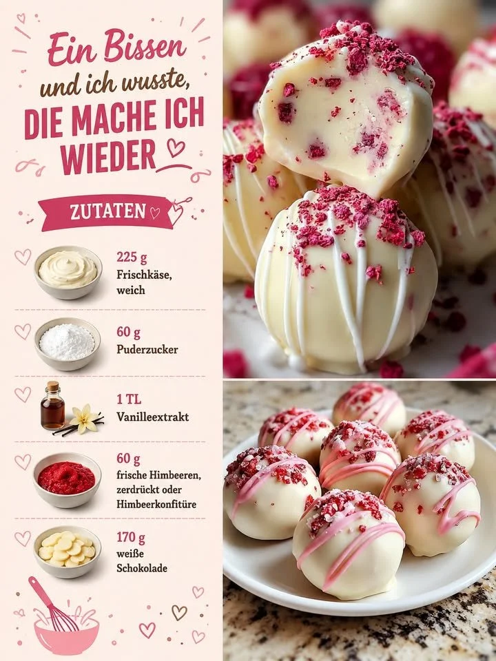 Schoko-Himbeer Pralinen auf einem Teller, verziert mit frischen Himbeeren.