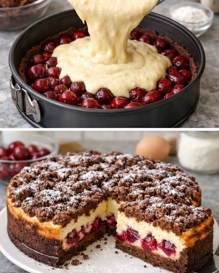 Schoko-Kirsch-Käsekuchen mit einer leckeren Schokoladen- und Kirschfüllung