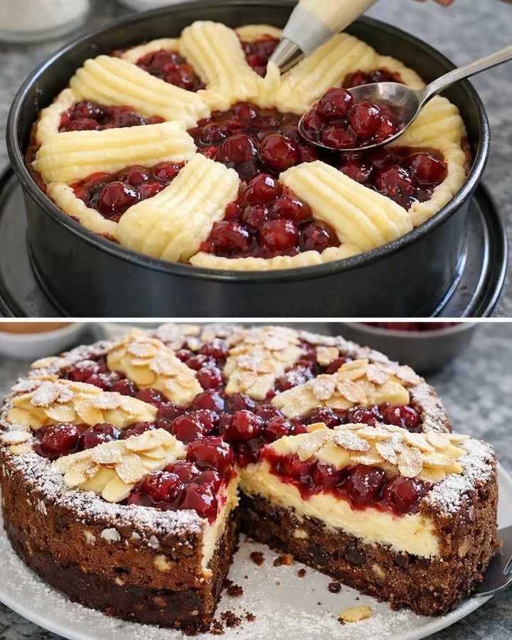 Schoko Kirsch Kuchen mit Puddingcreme auf einem weißen Teller