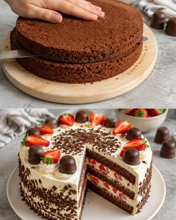 Schokokuss-Erdbeer-Torte mit Schokoladenüberzug und frischen Erdbeeren