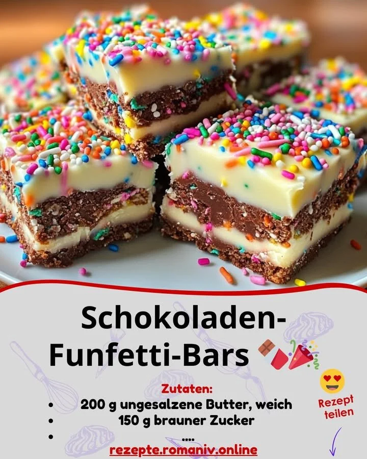 Schokoladen-Funfetti-Bars mit bunten Streuseln auf einem Teller