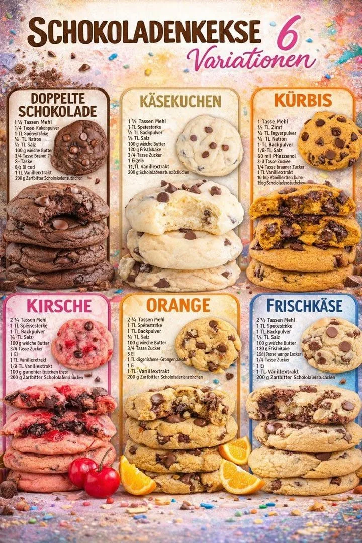 Verschiedene Schokoladenkekse in 6 Varianten auf einem Teller