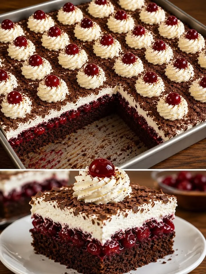Schwarzländer Pudding Blechkuchen mit einer cremigen Puddingfüllung auf Blech gebacken.