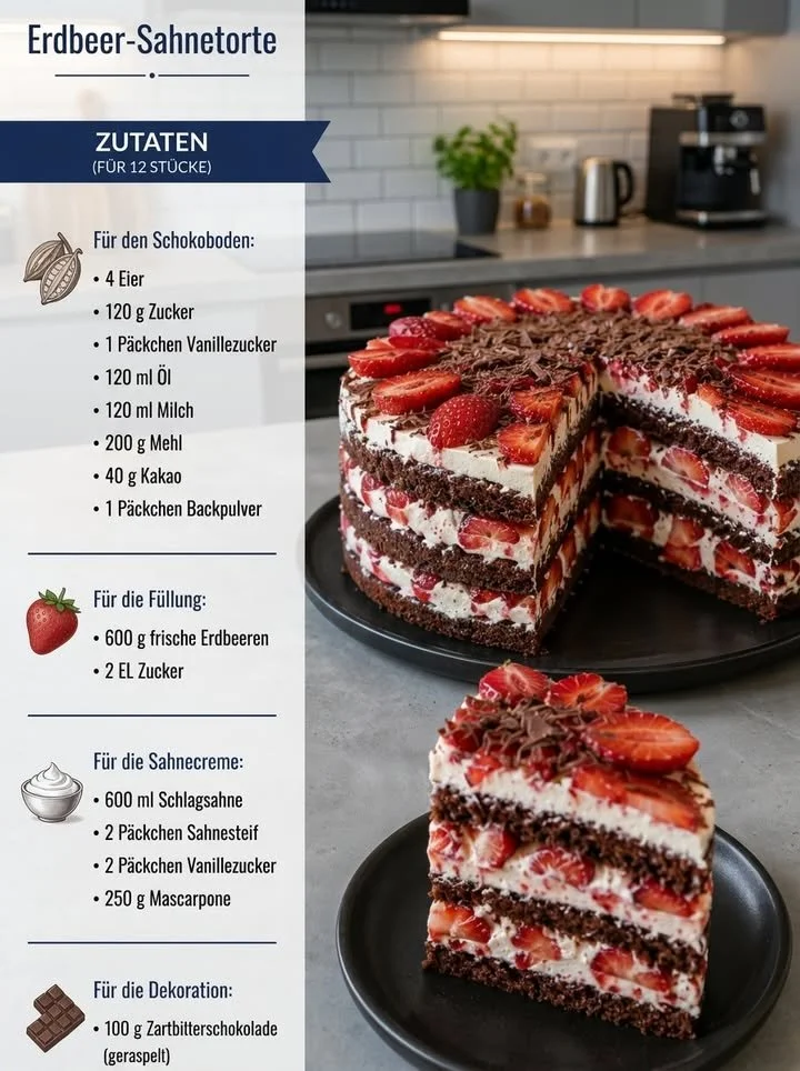 Schwarzwälder Erdbeer-Sahnetorte mit frischen Erdbeeren und Sahne