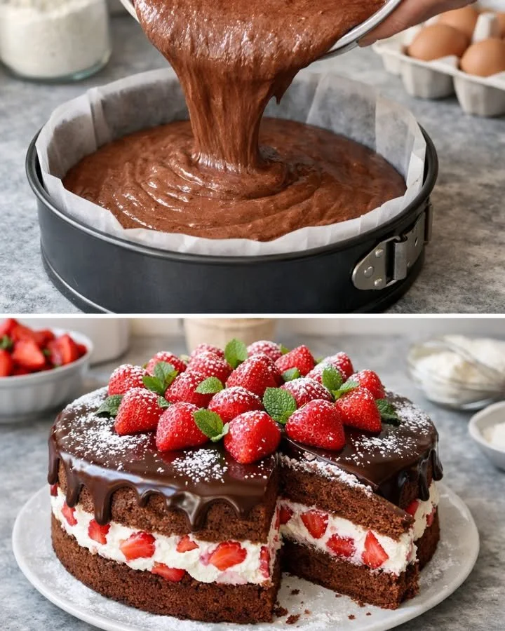 Schwarzwälder Erdbeertorte mit frischen Erdbeeren und Schokolade