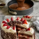Schwarzwälder Erdbeertorte mit frischen Erdbeeren und Schokoladenglasur