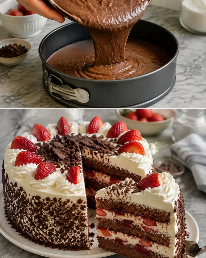 Schwarzwälder Erdbeertorte mit frischen Erdbeeren und Schokoladenglasur