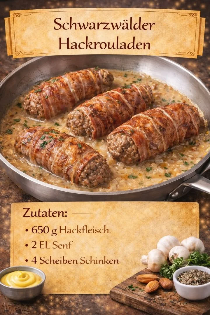 Schwarzwälder Hackrouladen aus der Pfanne auf einem Teller serviert