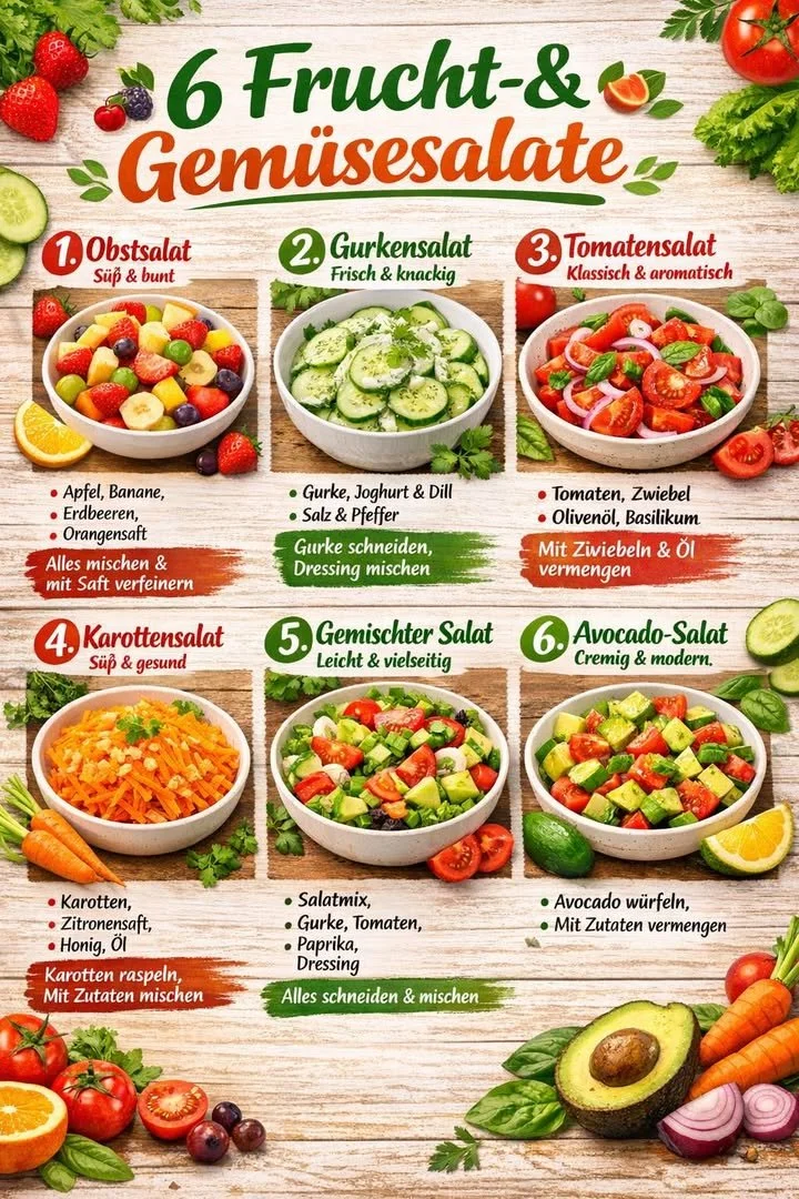 Sechs frische und gesunde Frucht- & Gemüsesalate in einer bunten Schüssel serviert.
