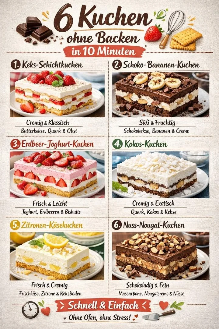 Sechs leckere Kuchen ohne Backen, in nur 10 Minuten zubereitet.