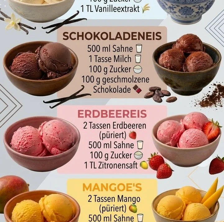 Schüssel mit selbstgemachter Eiscreme in verschiedenen Geschmacksrichtungen