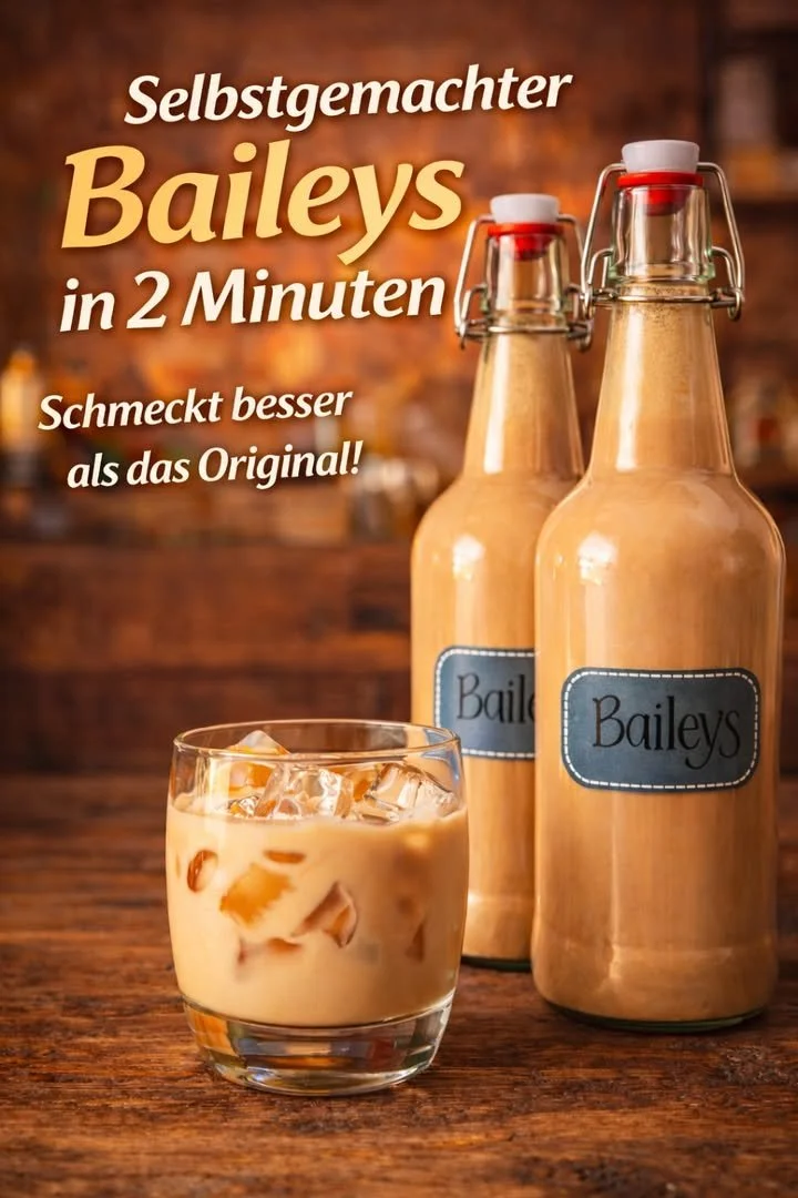 Selbstgemachter Baileys in einem Glas, verziert mit Schokoladensauce