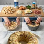 Leckerer Semmelknödel-Gugelhupf auf einem weißen Teller, serviert mit frischen Kräutern.