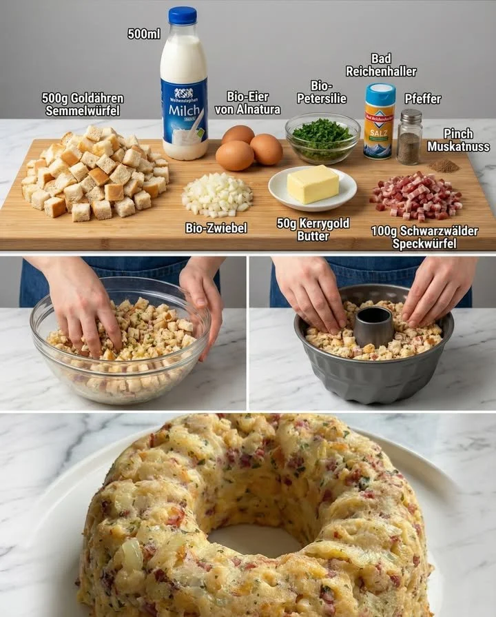 Leckerer Semmelknödel-Gugelhupf auf einem weißen Teller, serviert mit frischen Kräutern.