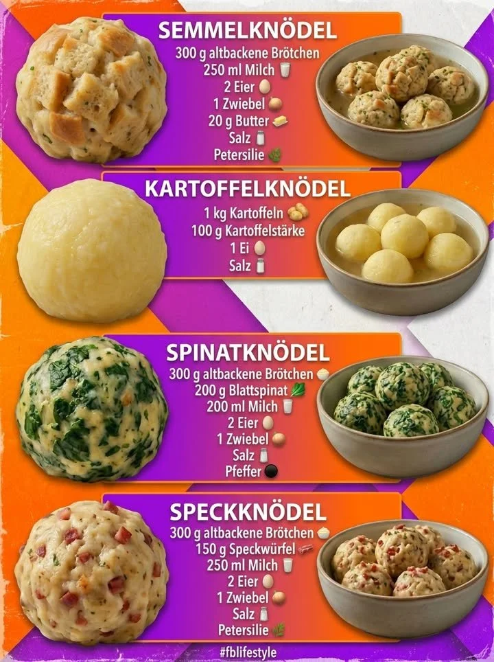 Verschiedene Arten von Knödeln: Semmelknödel, Kartoffelknödel, Spinatknödel, und Speckknödel.
