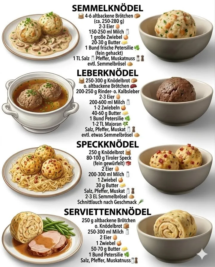 Eine Auswahl verschiedener Knödelarten: Semmelknödel, Leberknödel und Speckknödel.