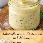 Schüssel mit Senfbasierter Salatsauce auf einem grünen Salat.