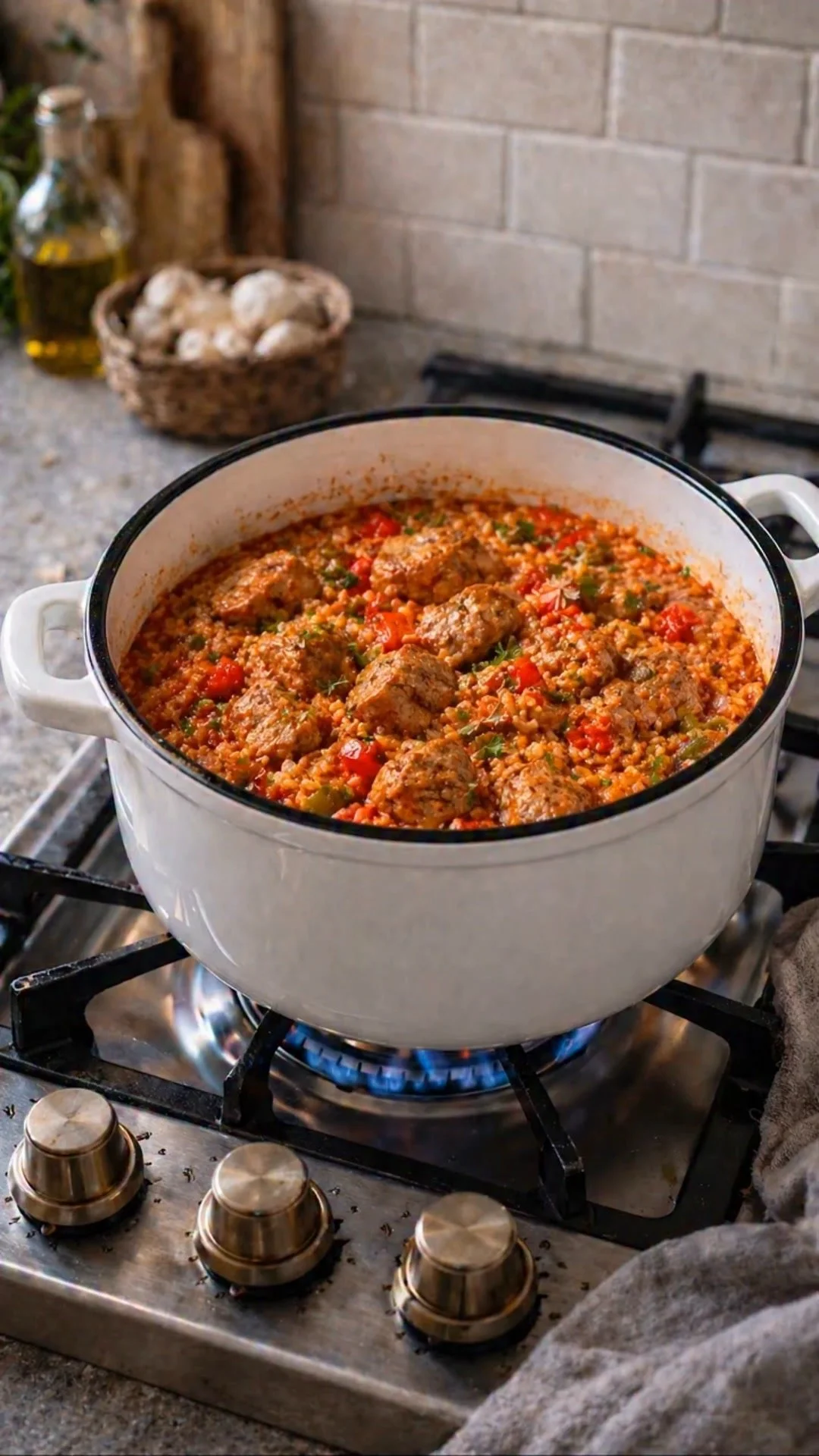 Serbisches Reisfleisch serviert mit frischen Kräutern und Beilagen.