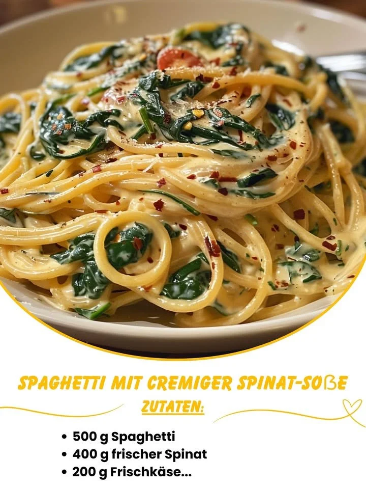 Spaghetti mit cremiger Spinatsauce auf einem Teller, garniert mit Parmesan.