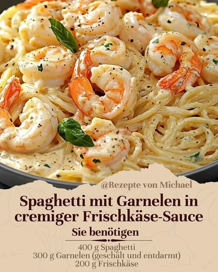 Spaghetti Garnelen in cremiger Frischkäse-Sauce mit frischen Kräutern.