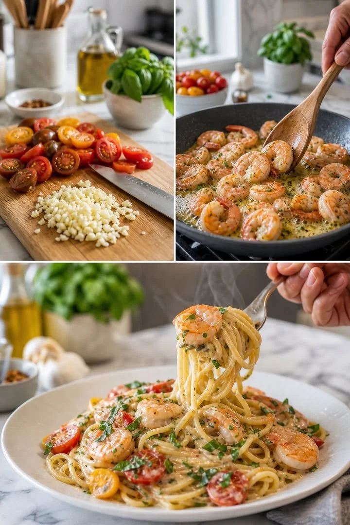 Spaghetti Garnelen in Frischkäse-Sauce, köstliches Gericht mit Garnelen und Pasta