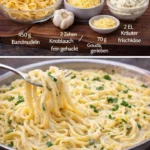 Spaghetti mit Knoblauch-Käsesauce auf einem Teller serviert