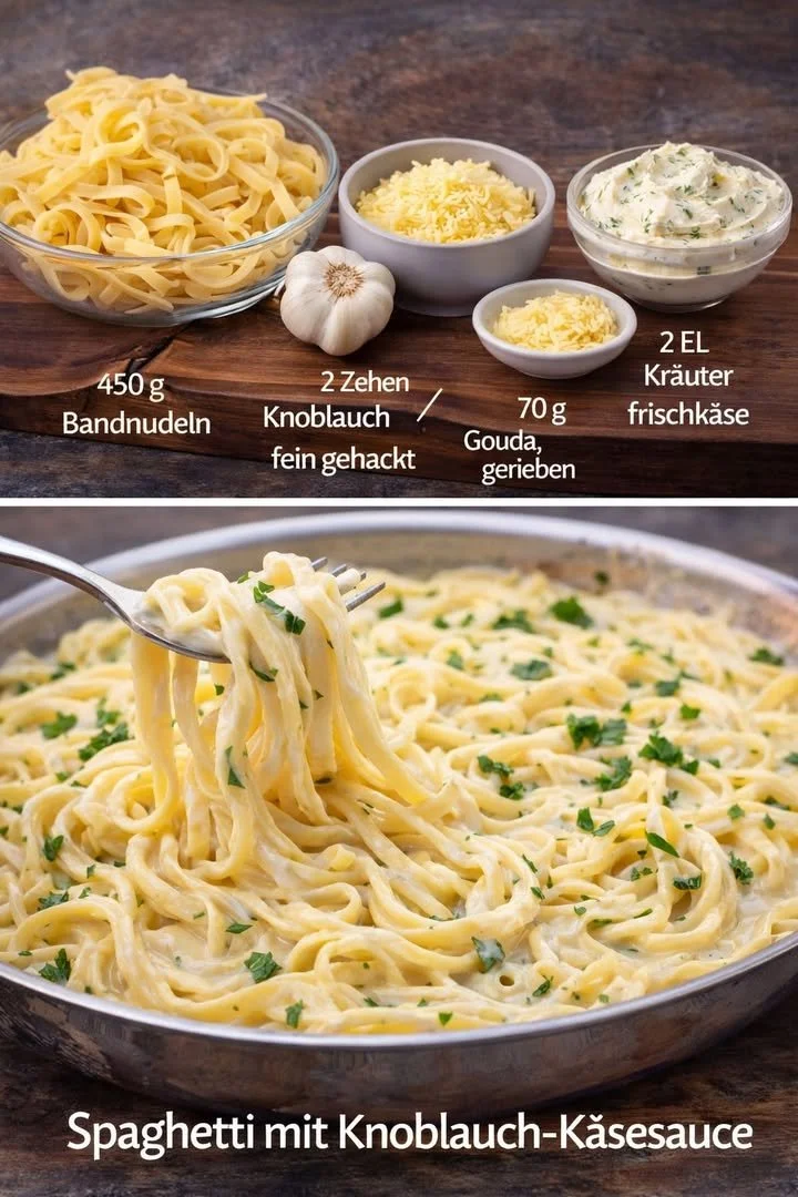 Spaghetti mit Knoblauch-Käsesauce auf einem Teller serviert