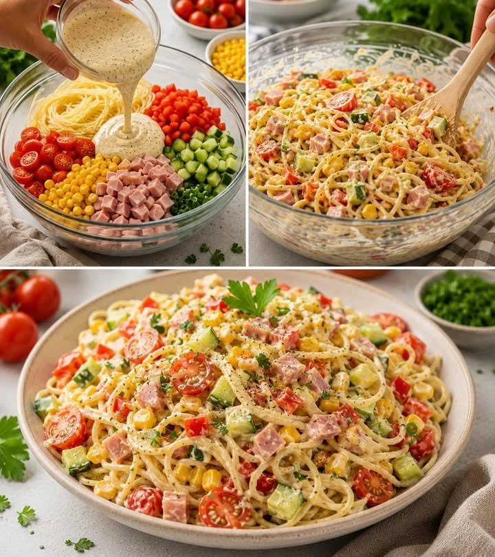 Leckerer Spaghetti-Salat mit frischen Zutaten und einem Dressing.