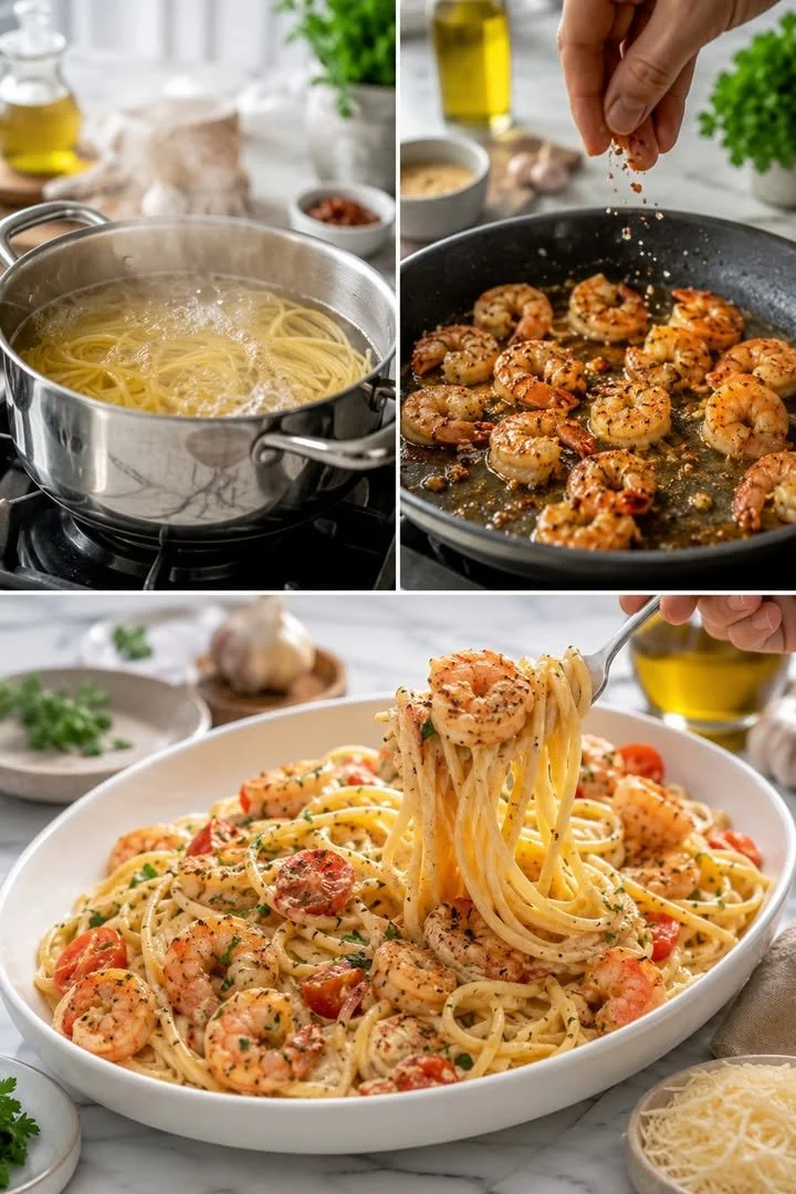 Spaghetti mit Garnelen in einer cremigen Frischkäsesauce serviert