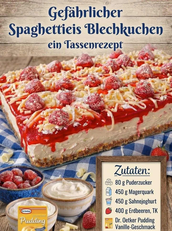 Spaghettieis-Blechkuchen mit Sahne und Erdbeersoße auf einem Teller.