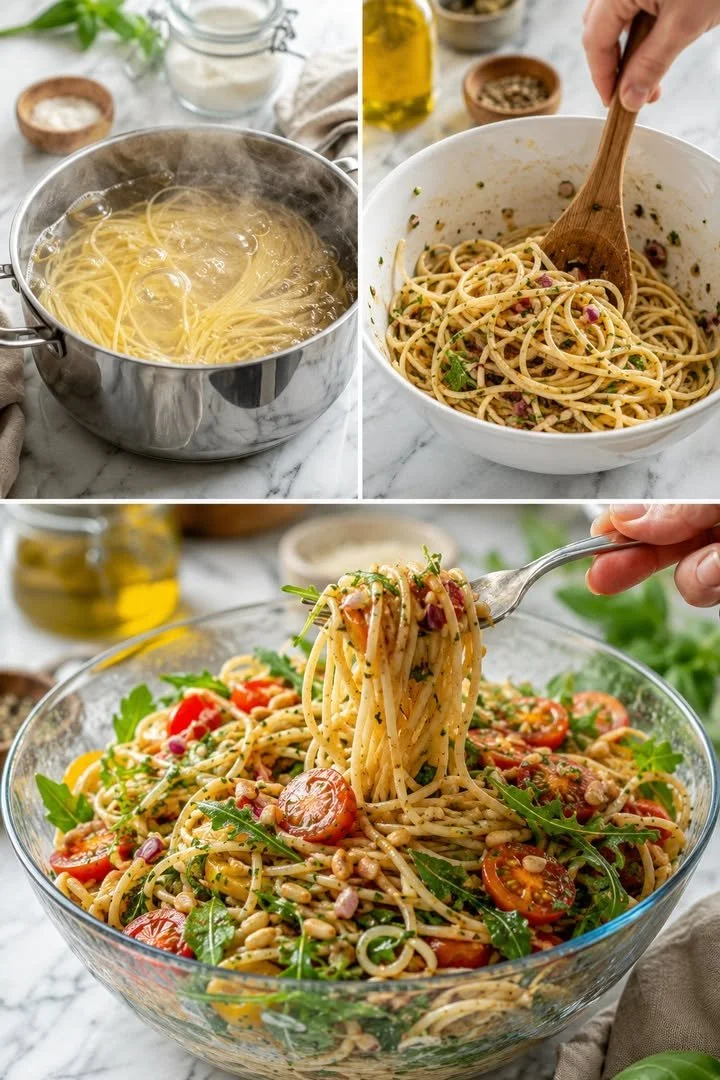 Vielfältige Spaghettisalat-Variationen in einer modernen Schüssel präsentiert