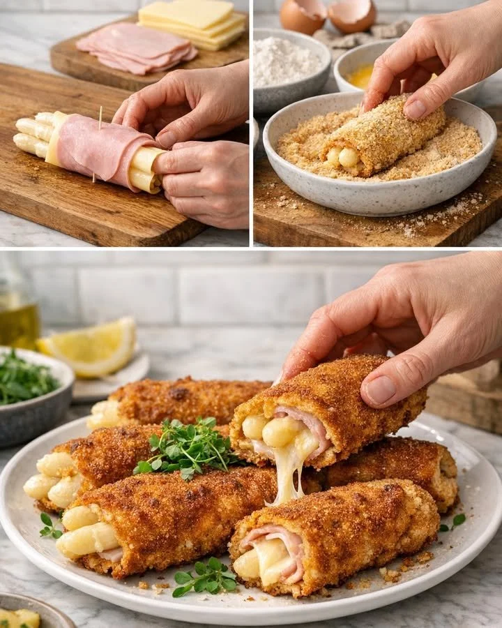 Leckeres Spargel-Cordon-Bleu aus der Pfanne auf serviertem Teller.