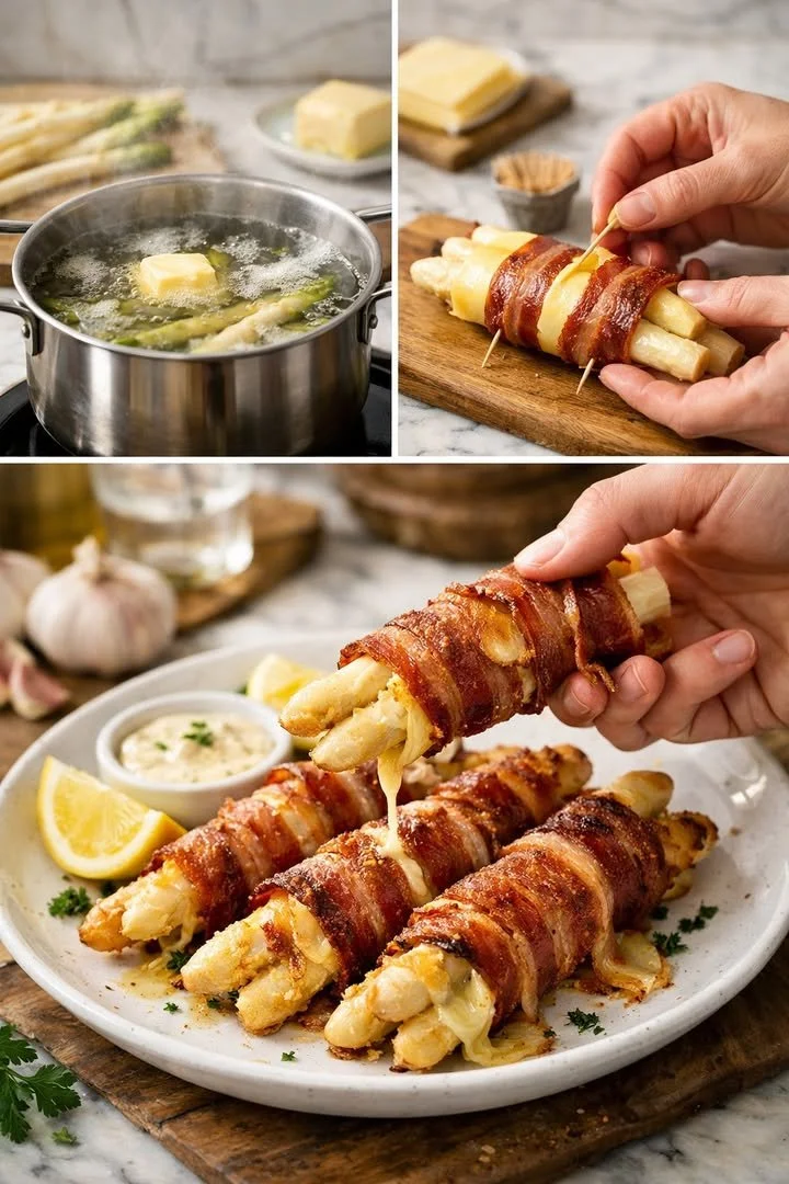 Spargel im knusprigen Mantel auf einem Teller, serviert mit Dips.