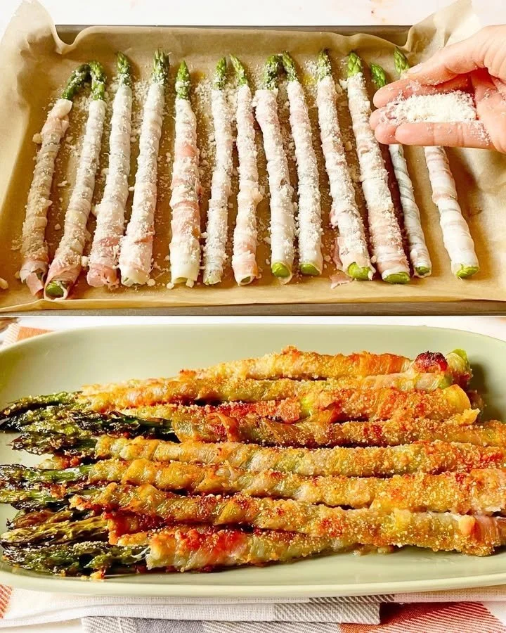 Spargel mit Käse und Schinken auf einem Teller serviert