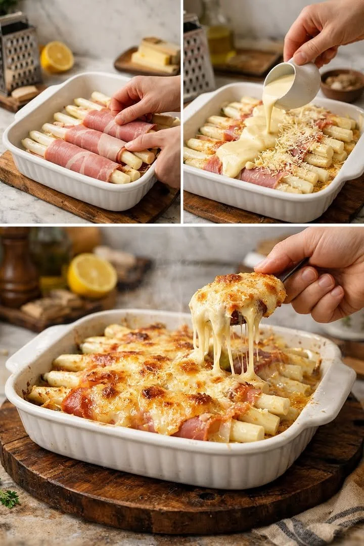 Überbackener Spargel auf einem Teller, garniert mit Käse.