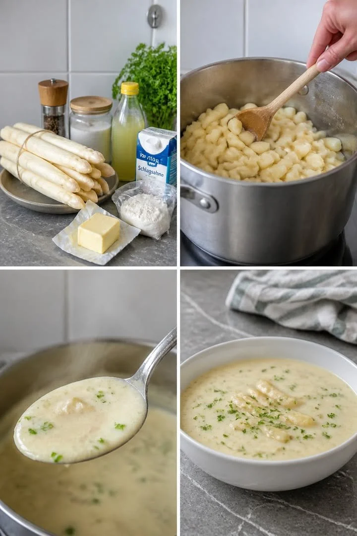 Schale mit cremiger Spargelcremesuppe, garniert mit frischem Spargel und Kräutern.