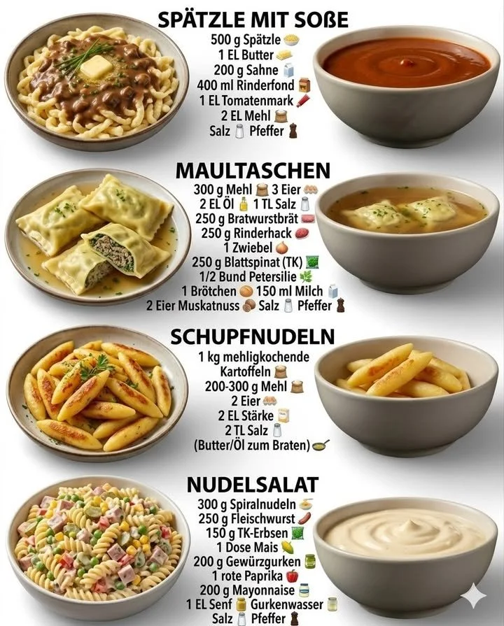 Schüssel mit Spätzle in Soße, ein klassisches deutsches Gericht.