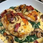 Spinat Hähnchen mit Champignons auf einem Teller serviert