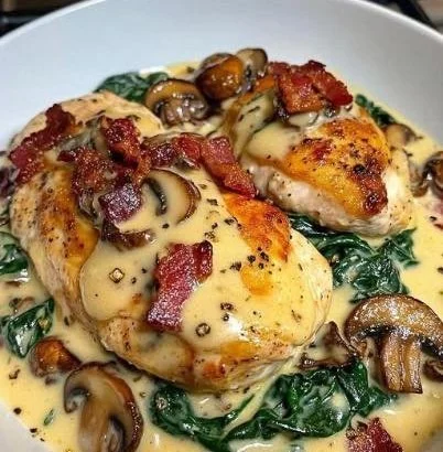 Spinat Hähnchen mit Champignons auf einem Teller serviert