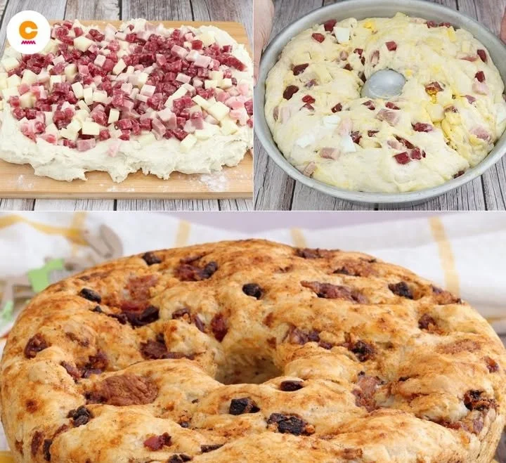 Hausgemachte Stracciata Casatiello mit frischen Zutaten und Gewürzen