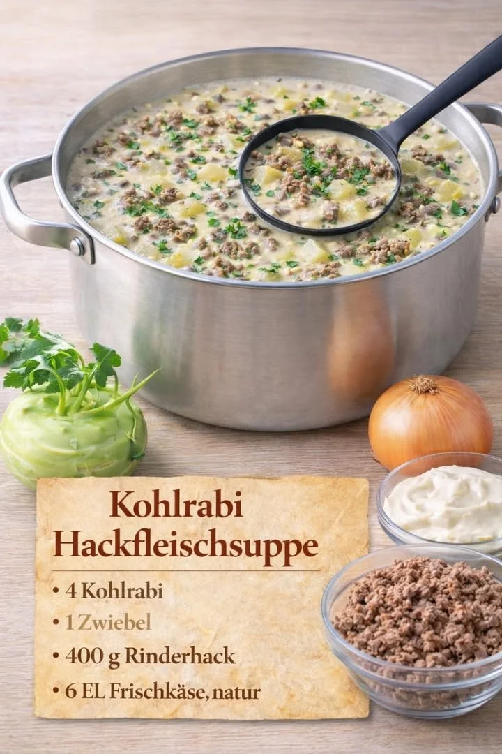 Eine köstliche Schüssel Kohlrabi-Hackfleischsuppe mit frischen Kräutern.