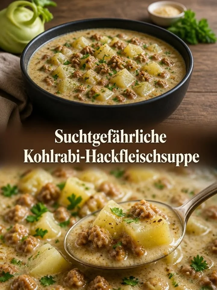Schüssel mit schmackhafter Kohlrabi-Hackfleischsuppe
