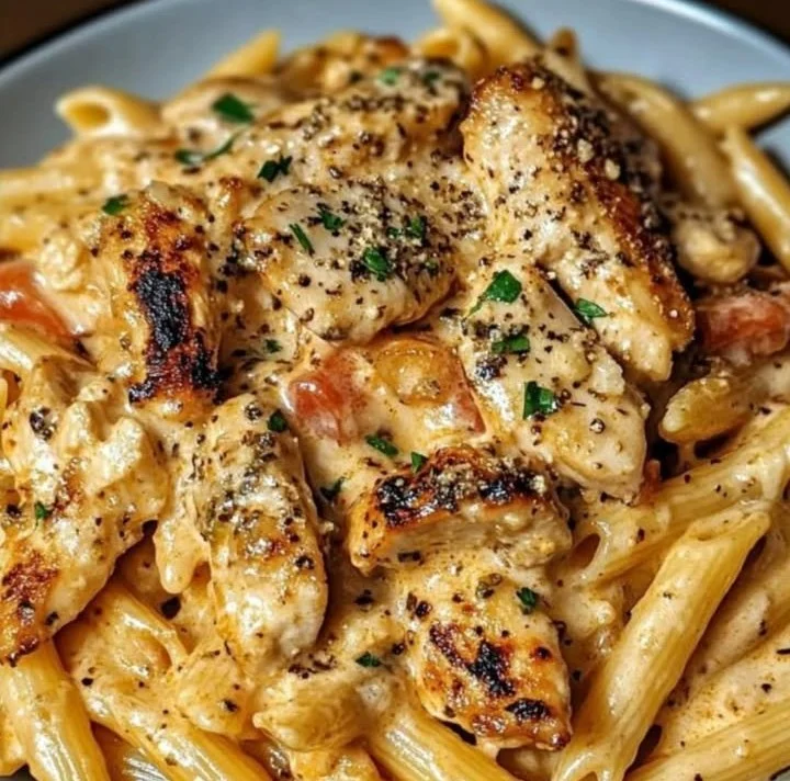 Südliches Knoblauch-Parmesan-Hähnchen mit Penne auf einem Teller.