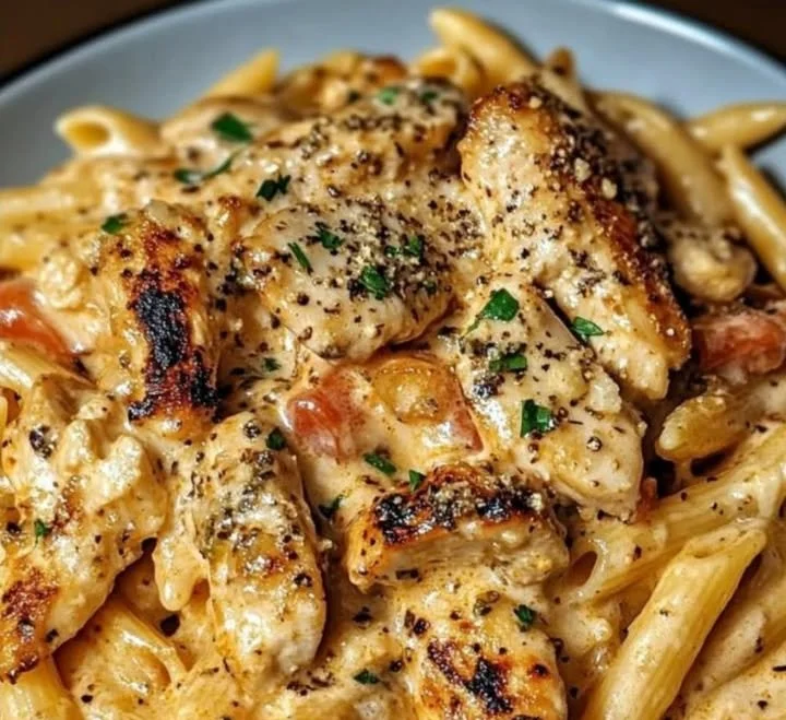 Südliches Knoblauch-Parmesan-Hähnchen mit cremiger Penne auf dem Teller