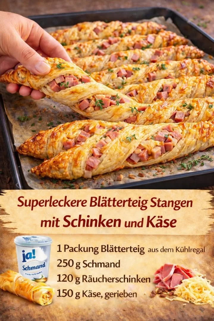 Blätterteig Stangen mit Schinken und Käse auf einem Teller serviert