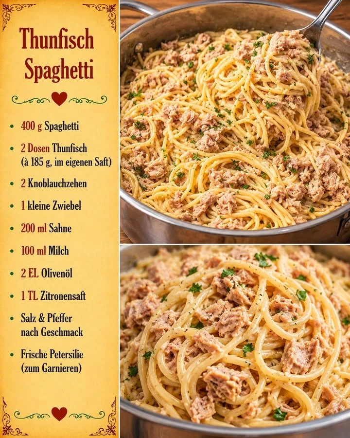 Thunfisch Spaghetti mit Knoblauch auf einem Teller serviert
