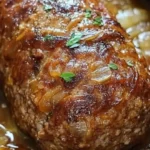 Saftiger Zwiebel-Hackbraten frisch aus dem Ofen, angerichtet auf einem Teller